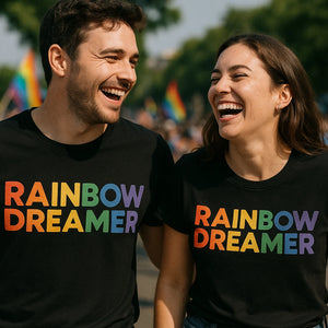Person wearing the black lgbtq tshirts graphic tee - "Rainbow Dreamer" design
