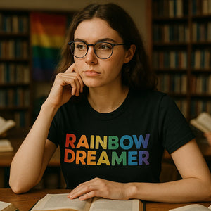 Lifestyle shot of the "Rainbow Dreamer" black lgbtq tshirts in a real-world setting