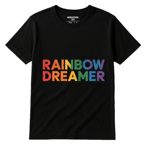 Black Lgbtq Tshirts - "Rainbow Dreamer" graphic tee with teal print, flat lay product photo