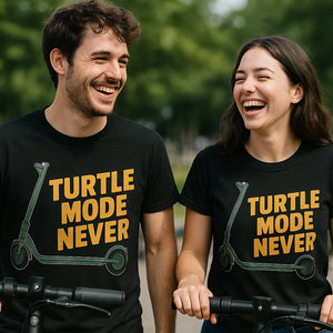 Person wearing the black electric scooter shirts graphic tee - "Turtle Mode Never" design