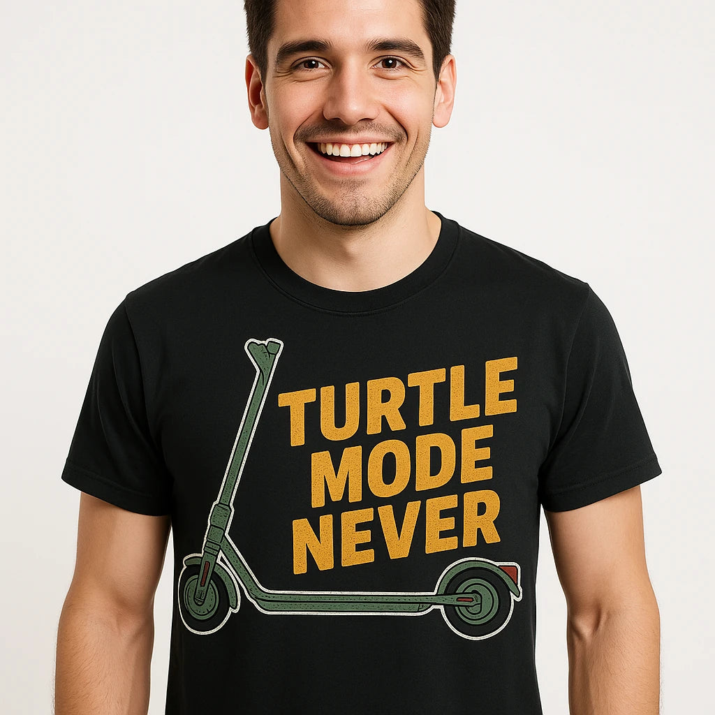 Close-up of the "Turtle Mode Never" yellow print on a premium Bella+Canvas black electric scooter shirts