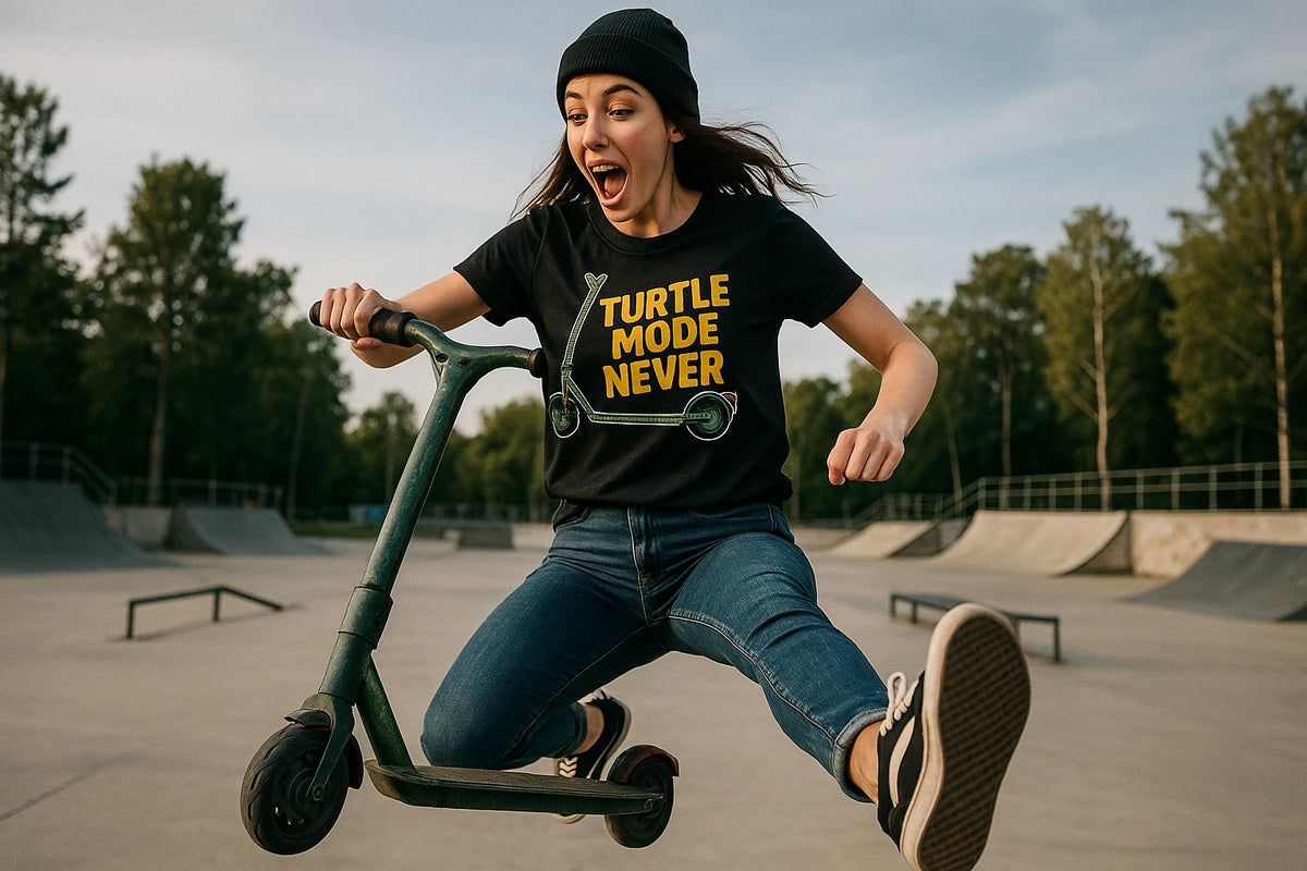 Lifestyle shot of the "Turtle Mode Never" black electric scooter shirts in a real-world setting
