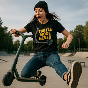 Lifestyle shot of the "Turtle Mode Never" black electric scooter shirts in a real-world setting
