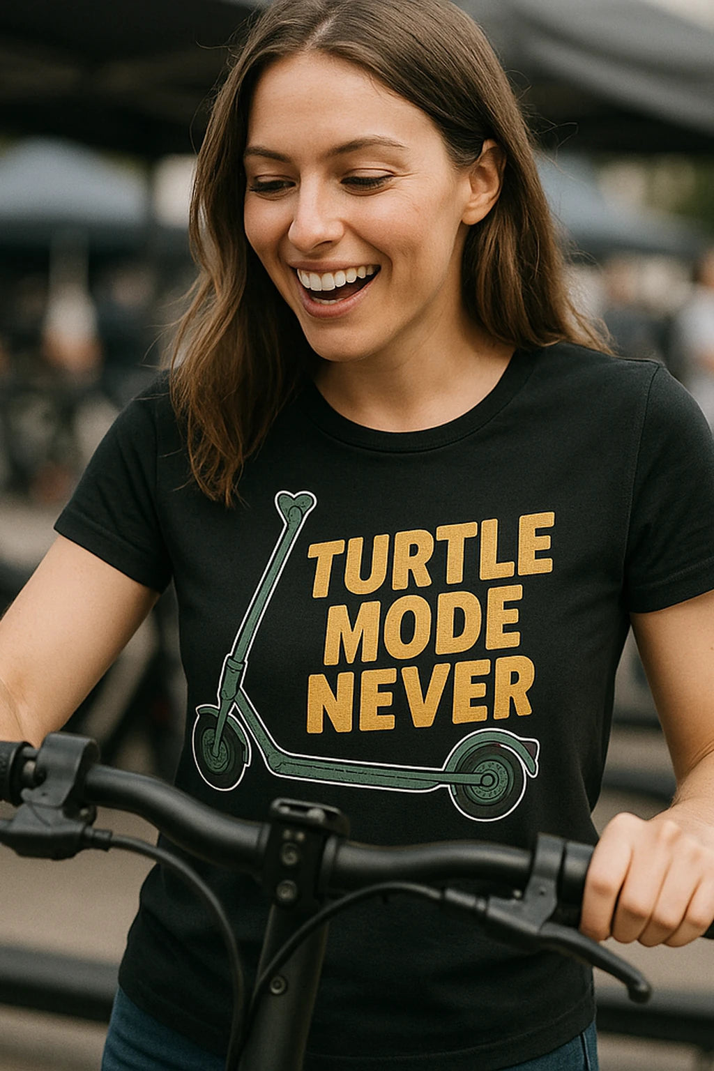 "Turtle Mode Never" black electric scooter shirts, photographed as electric scooter lover gift