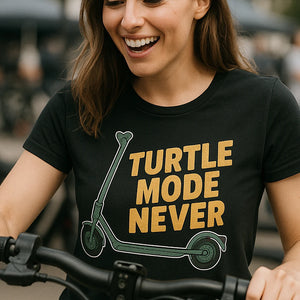 "Turtle Mode Never" black electric scooter shirts, photographed as electric scooter lover gift