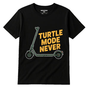 Black Electric Scooter Shirts - "Turtle Mode Never" graphic tee with yellow print, flat lay product photo