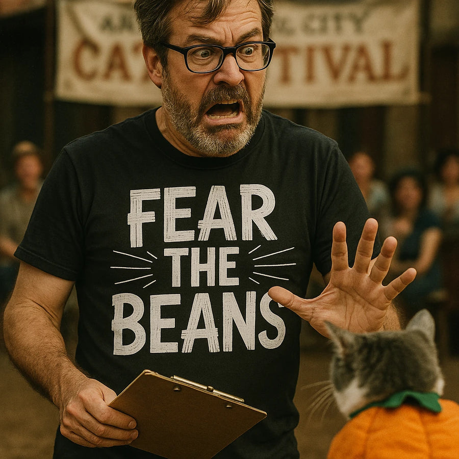 A man with glasses and a beard is wearing a black t-shirt with the text "FEAR THE BEANS" printed on it. He is holding a clipboard and appears to be reacting with surprise or shock at a cat dressed in an orange costume. The background shows a blurred crowd.