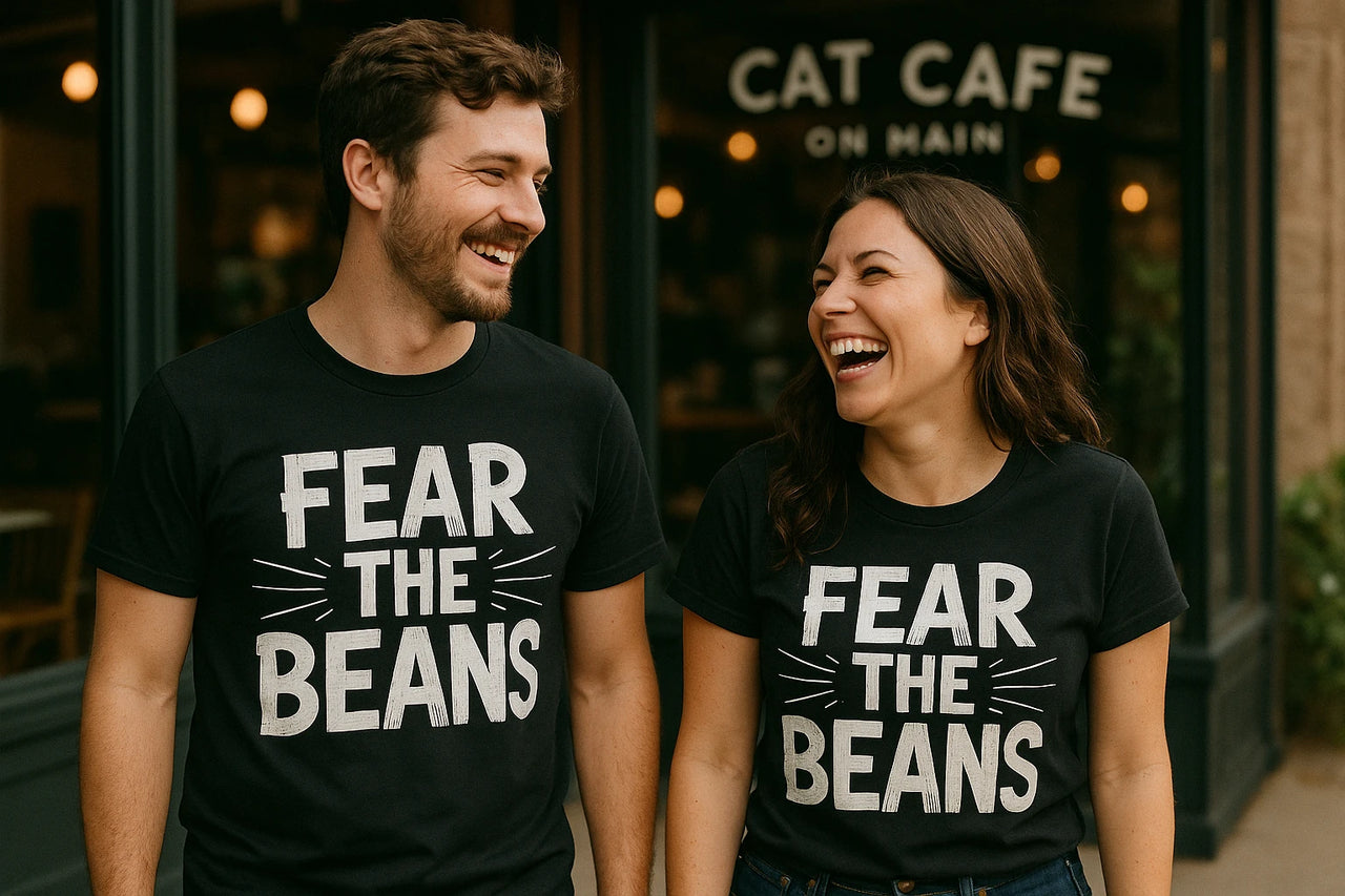 A man and a woman are standing outside a cafe, both wearing black t-shirts with "FEAR THE BEANS" printed on them. They are smiling and appear to be enjoying each other's company. The background shows a glass entrance with the words "CAT CAFE ON MAIN" visible.