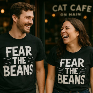 Person wearing the black cat lovers t shirt graphic tee - "Fear the Beans" design