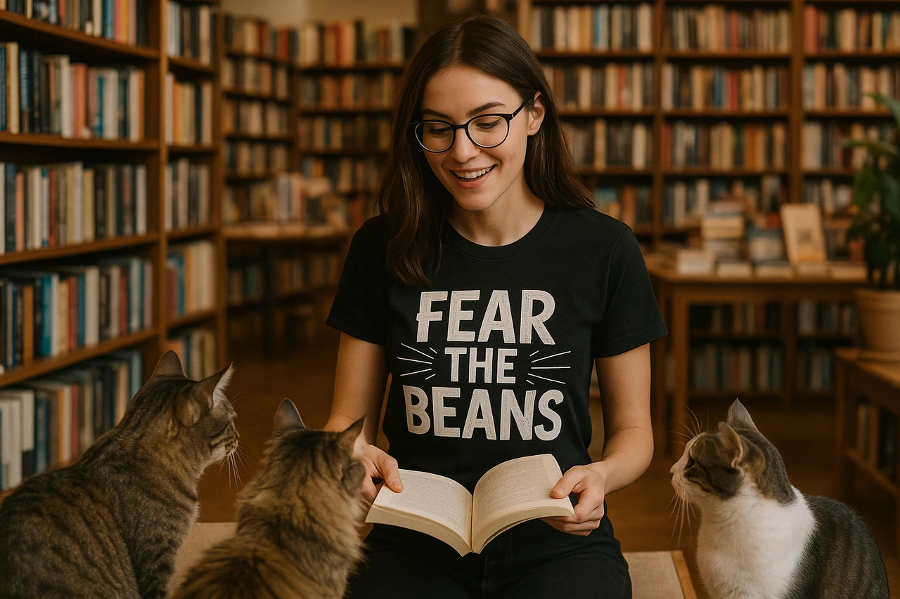 A person with long dark hair and glasses is sitting in a library, smiling while holding an open book. They are wearing a black shirt with the text "FEAR THE BEANS." Three cats are sitting attentively in front of them, looking at the book. The background is filled with shelves of books.