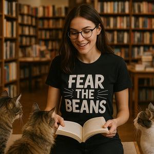 Lifestyle shot of the "Fear the Beans" black cat lovers t shirt in a real-world setting