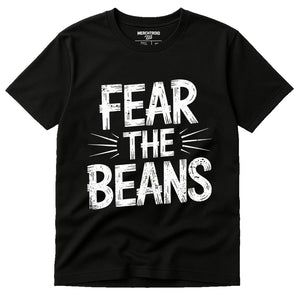 Black Cat Lovers T Shirt - "Fear the Beans" graphic tee with white print, flat lay product photo