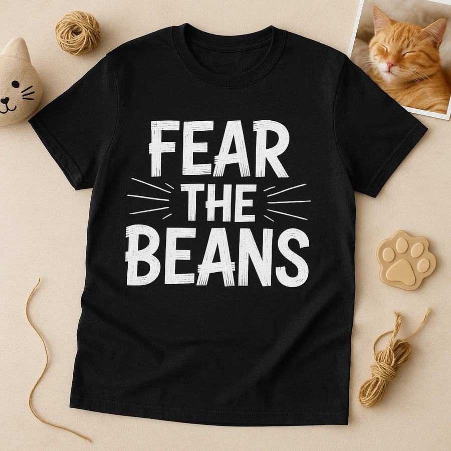 A black T-shirt lies flat on a surface, displaying the white, bold text "FEAR THE BEANS." Around the T-shirt are various cat-themed items: a yarn ball, a cat face-shaped cushion, a photo of a sleeping ginger cat, and a paw-shaped object.