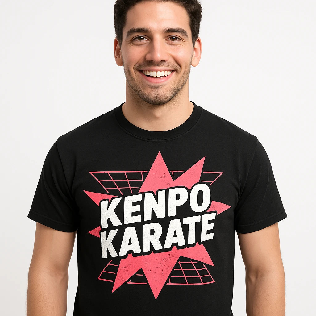 Close-up of the "Kenpo Karate" pink print on a premium Bella+Canvas black martial art t shirt