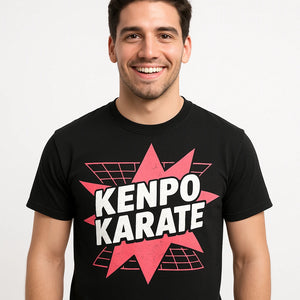 Close-up of the "Kenpo Karate" pink print on a premium Bella+Canvas black martial art t shirt