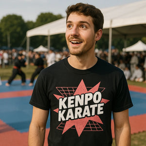Lifestyle shot of the "Kenpo Karate" black martial art t shirt in a real-world setting